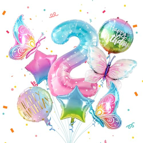 2 Schmetterling Geburtstag Deko,8pcs Bunt Schmetterlinge Folienballon 2，Zahlen Luftballon 2 Jahre Geburtstagsdeko für 2. Geburtstag Deko