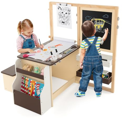 COSTWAY Set 3 in 1 Tavolo e Sedie per Bambini 3+ Anni (Caffè)