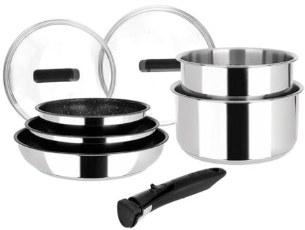 Sitram 714248 - Pentole in acciaio inox, 8 pezzi: 3 padelle Ø20,24,28 cm + 2 padelle Ø16,18 cm + 2 coperchi in vetro Ø16,18 cm + manico rimovibile, tutti i piani cottura inclusi induzione