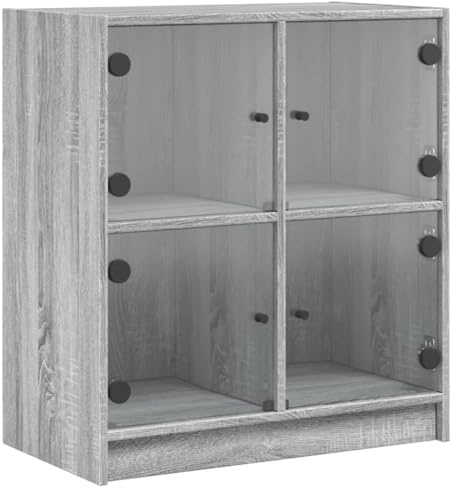 vidaXL Beistellschrank, Schrank Kommode mit Glastüren, Wohnzimmerschrank mit viel Stauraum, Sideboard Vitrine Flurschrank Mehrzweckschrank, Grau Sonoma