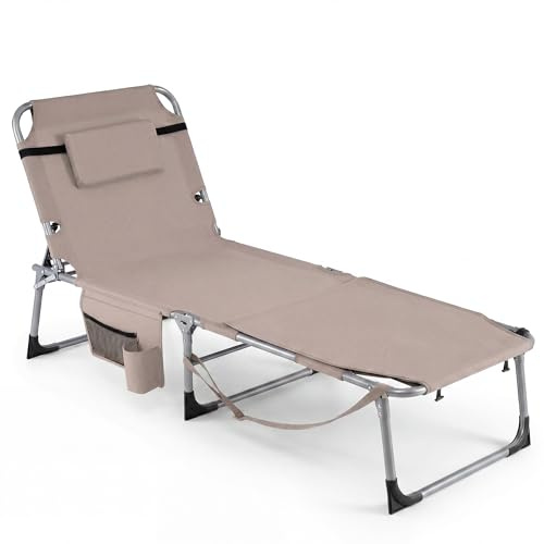 GIANTEX Klappbarer Bräunungsstuhl mit Gesichts- & Armlöchern, 5-Fach Verstellbarer Liegestuhl für den Außenbereich mit Kissen & Seitentasche, robuste Campingliege mit Schultergurt & Griff (Beige)