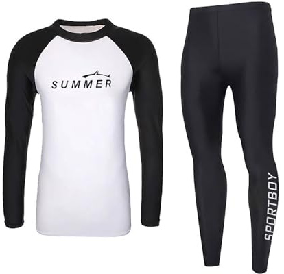 YOOJIA Pojkar barn tvådelad baddräkt anti-UV, UPF 50+ dykdräkt surftopp simning T-shirt kompression gym leggings löpning, vit svart, 7-8 ans
