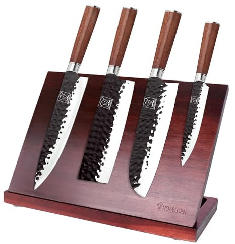 ChefHoablorn Magnetic Knife Block Set Kitchen Knife Set 4PCS German Stainless Steel Kitchen Knives Hammered Forged Craftsmanship Powerful Magnet Inside Non-Slip Base Stable and Reliable Nice Gift Set