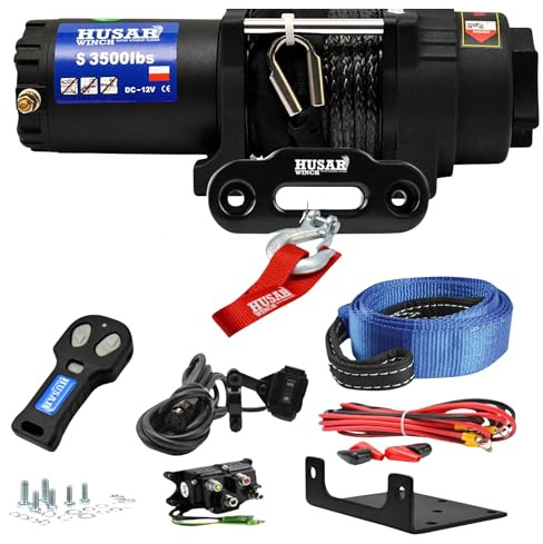 Husar Winch Treuil Électrique 12V, 3500 lbs 1587 kg, Corde Synthétique 12m, Engrenage Planétaire à 3 étages, Contrôle Sans Fil, Frein Automatique,Kit de Montage Idéal Pour Les ATV/UTV+SANGLE GRATUITS