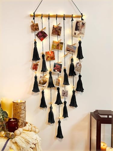 Fotos Aufhängen zum Aufhängen, Bildhalter mit 30 Clips für die Schlafzimmerwand, Organizer Foto Collage Wand Galerieaufhänger mit LED-Lichterkette, Raumdekoration, Geschenke für Mädchen (Schwarz)