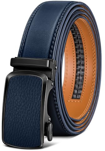 BULLIANT Gürtel Herren, Ledergürtel Ratsche Automatikschließe für Herren Business Anzug, 35mm Breit Gürtel,Größe Angepasst(Navy Blau,120cm/34-40 taille verstellbar)