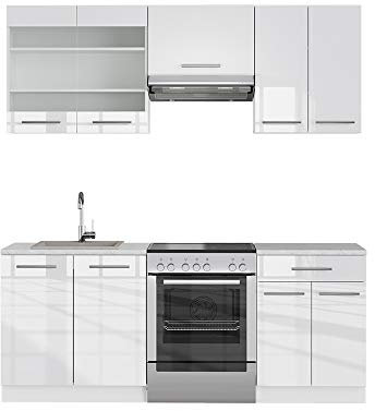 Vicco Küchenzeile Fame-Line, Küchenblock, Weiß Hochglanz/Weiß, 200 cm, AP Eiche