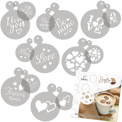 NAKLEO Stencil per Caffè e Biscotti Decorazione, 14 Pezzi 7x7 e 11x11cm, Stampini Plastica e Riutilizzabili, Amore San Valentino, DIY Modello Latte Art Accessori, Cappuccino Torte Dolci Pasticceria