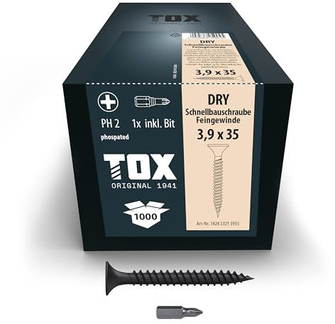 TOX Schnellbauschrauben DRY FG 3,9 x 35 mm, Schrauben schwarz phosphatiert mit Trompetenkopf + Feingewinde, Gipskartonplatte auf Metall-Unterkonstruktion, PH2, 1000 Stück, inkl. 1x Bit, 142453213935