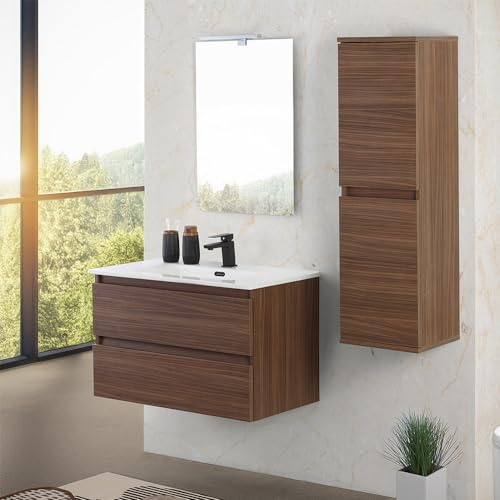 Inbagno Mobile bagno sospeso 80 cm noce canaletto con 2 cassetti soft-close, lavabo in ceramica e specchio reversibile 60x80 cm, KLEO
