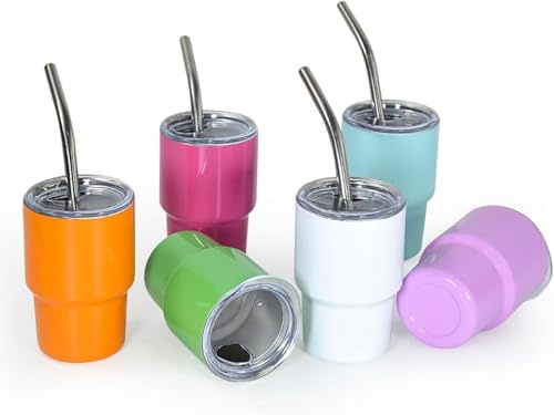 OXFUZZ 6 Stück Mini Edelstahl Thermobecher 2 Oz mit Strohhalm & farbigen Deckeln - Niedliche Kaltweinbecher für Bars, Camping, Outdoor & Reisen - Kompakt & Langlebig