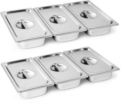 Cokaca Lot de 6 bols à paner avec couvercle en acier inoxydable GN 1/3 - 32,5 x 17,5 x 6,5 cm - Récipient rectangulaire en métal - Idéal pour escalopes, viande, poisson