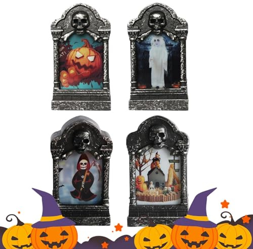 Decorazioni di Halloween con pietra tombale di Halloween | pietra tombale illuminata per Halloween, 4 pezzi, luce lampeggiante 7 colori - Candela decorativa a LED impermeabile