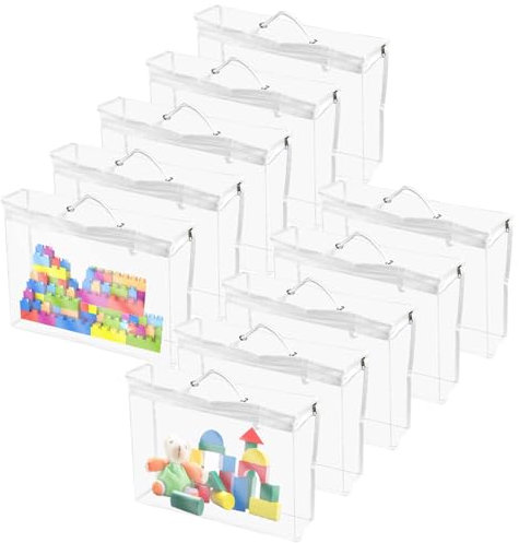 KNGNGK 10 PCS Toy Storage Bags 40x30x10cm Clear PVC Toy Organizing Bags Waterproof & Reusable Toy Storage Organiser Zipper Toy Storaged Bag Clear Tote Bag with Handles for Building Blocks Puzzle