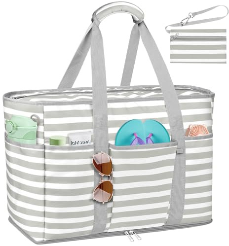 Große Strandtasche XXL Familie mit Reißverschluss Beach Handtasche Tote Bag | Wasserdicht Groß Badetasche Reisetasche Beach Tote Bag Shopper Damen für Strand Pool Fitnessstudio Reisen 45L