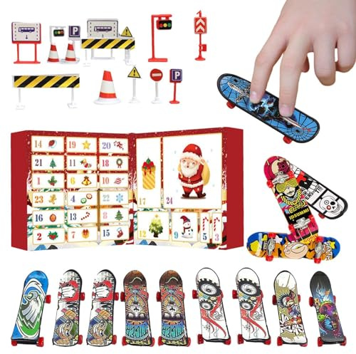 Calendrier de l'Avent Finger Skateboard, M-ini Finger Skateboard Toys Set Calendrier de l'Avent de Noël, 24 jours de mouvement du bout des doigts Skat Fidget Toys Calendrier de compte à rebours