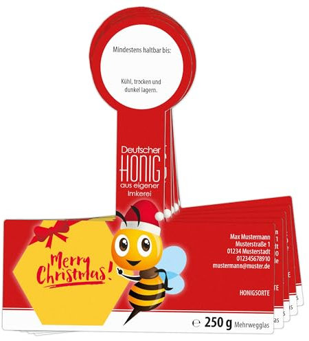 Apoidea – Honig Etiketten 250g mit Weihnachtsmotiv & Gewährverschluss selbstklebend, personalisierbar - 200 Stück/Etiketten Honiggläser/Honig Aufkleber für selbstgemachten Honig/Honigetiketten