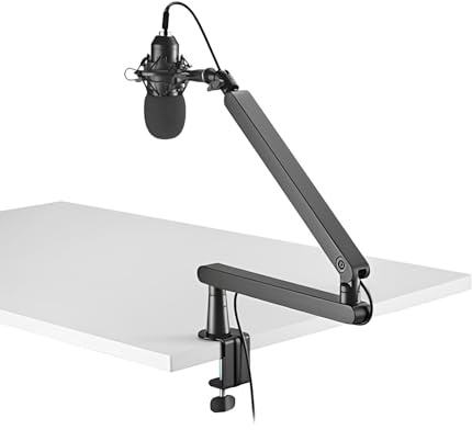 Spacetronik Low Profile Mikrofon Arm, Tischhalterung, Podcast, Gaming | Integriertes Kabelmanagement, Antivibrationsklemme, Abnehmbare Säule, 360 Rotierbar, Aluminium