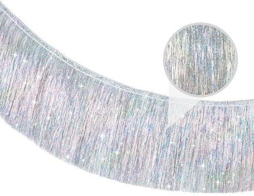 G2PLUS 2m Silver Fringe Garland, 20cm Holographic Tinsel Fringing, Glitter Tinsel Garland, Shiny Backdrop Party Streamers for Birthday Wedding Prom Decoration