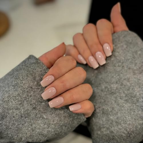 KQueenest Nude Press On Nails Mittel Eckig, Sarg Nägel zum Aufkleben Kurz, Glänzende Jelly-Gel Fake Nails Fingernägel zum aufkleben Ballerina, Einfarbig Acryl Kunstnägel für Frauen, 30 Stück