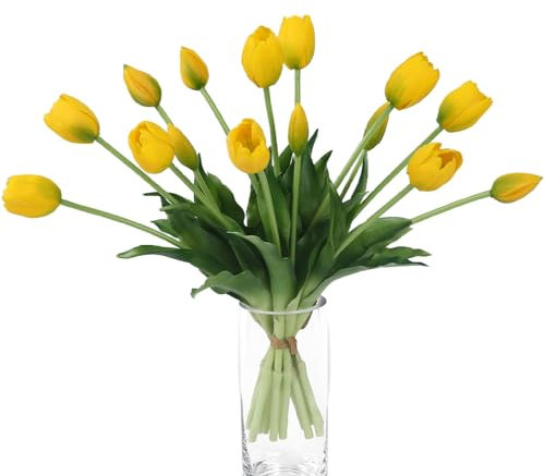 Laelfe 10 Pcs Yellow Artificial Tulips Latex Flowers Real Touch Fake Yellow Tulips Bouquet for Wedding Party Home Bedroom Office Garden Decorations