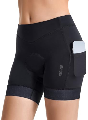 ARSUXEO Cykelshorts kvinnor vadderade cykelshorts damer MTB tights lila cykeltillbehör med fickor 579, Svart, M