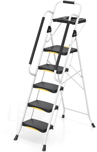 Urackify 5 Step Ladder with Tool Tray, Folding Steel Step Stool with Safety Lock & Handrail, Anti-Slip Wide Pedals, 150 kg Load Capacity, Portable Ladder for Kitchen, Office, Home