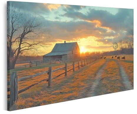 islandburner Prime Bild auf Leinwand Bauernhof bei Sonnenuntergang mit Kühen und Windmühle im Herbst Bilder Wandbilder Poster