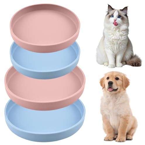 LEKEFETO Set di 4 ciotole per gatti in silicone, ciotola per cibo per gatti e bevande, ciotola antiscivolo piatta per cibo secco (2 x Ø 18 cm + 2 x Ø 15 cm, rosa e blu)