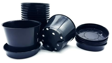 Kimmel Pflanztopf 11 cm + Untersetzer, Recycling Kunststoff, 10 Stück im Set, Schwarz