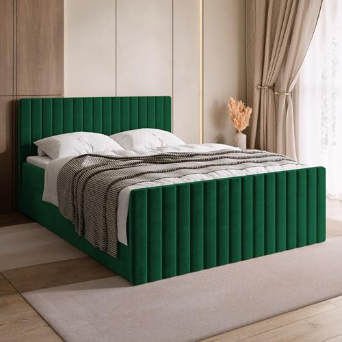 BROMARKT Boxspringbett 180x200 mit Bettkasten Topper Härte H3 Grün | Doppelbett mit Bonellmatratze gepolsterte Kopfstütze Fußteil Polsterbett Bett Bed Jugendbett Einzelbett hinterteil DREAM DUO