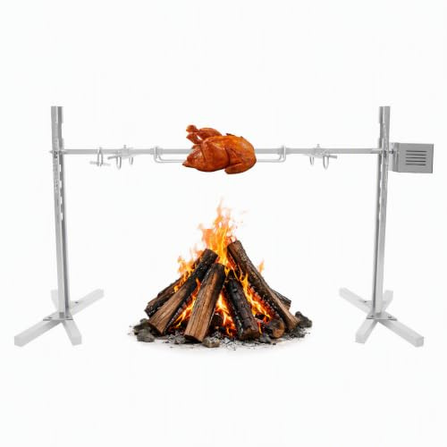Elektro Grillspieß | Höhenverstellbar (5 Stufen) | 360° Rotation 2.5 U/min | Edelstahl | Traglast 40kg | Für 30 Personen | Motor 25W | Für Camping & Garten | Einfach zu reinigen