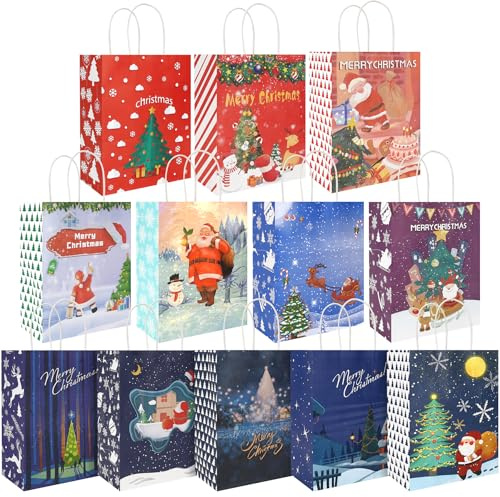 12 Stück Große Geschenktüten Weihnachten, 12 Designs Weihnachtstüten Papiertüten mit Griff, Weihnachts Kraft Geschenktaschen, Kinder Papier Weihnachtstaschen（27x22x11cm）