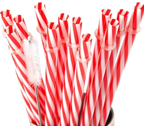 Christmas Reusable Plastic Straws Red and White Striped Straws with Cleaner Brush Xmas Drinking Straws with Rings for Christmas Wedding Party Supplies.(12 Pieces 10.5 inch)
