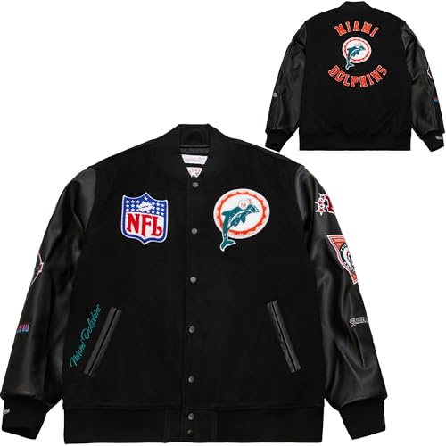 Mitchell & Ness NFL Blackout retro collegejacka | ull-polyesterblandning | PU-ärmar | högkvalitativa lappar och broderier på bröst och ärmar | ribbade manschetter på krage, ärmar och fåll, Miami