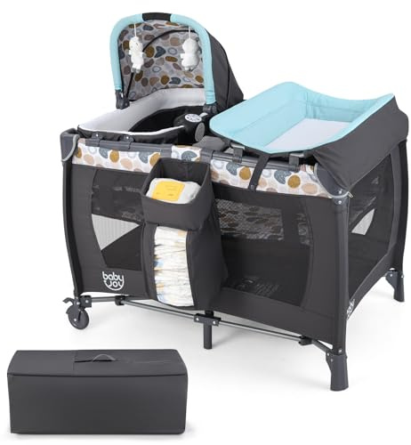 COSTWAY 5 in 1 Beistellbett Baby, Reisebett mit Matratze, Kinderreisebett inkl. Wickelauflage, Babywiege & Spieluhr, Stubenwagen mit Rollen, Babybett für Baby bis 36 Monaten (Blau Punkt)