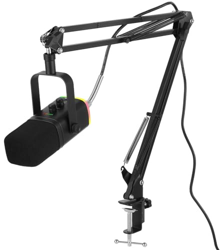OMISTAR Dynamic Streaming USB Microphone for PC, Wireless Gaming Microphone with Boom Arm, Gaming Mic with RGB Light, Noise Reduction, Volume & Echo Knobs (100W-Boom Arm)