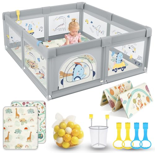 SOFTHOM Laufstall Baby 150x180 mit Matratze, Laufgitter Baby inkl 60 Bälle | Baby Laufstall mit Atmungsaktivem Netz&Rutschfester Basis, Langlebig Oxford-Stoff, Indoor Spielplatz mit Ballkorb&4 Zugring