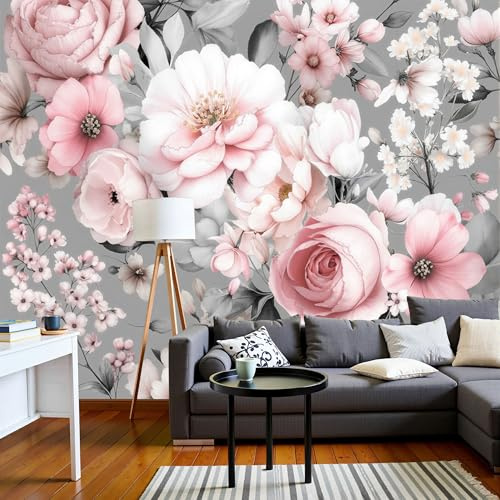 Carta Da Parati Fotografica Rose Rosa Cipria E Peonie 150L×105Acm, Tessuto Di Seta Effetti 3D Murale Fiori Ad Acquerello Poster Decor Da Parete Per Soggiorno Ufficio Muro Di Sfondo