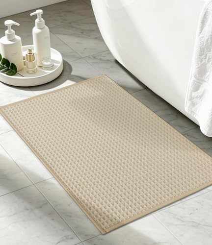 chakme Badezimmerteppich, 40x60cm Waffel Badematte rutschfeste Waschbar Badteppich, Saugfähig Weich Beige Badvorleger für Badezimmer