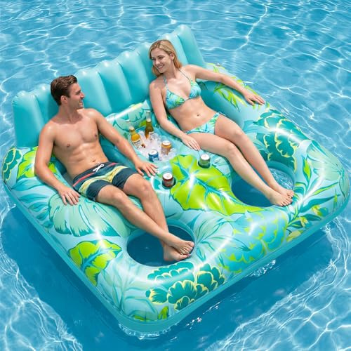 SOLAVERO Luftmatratze Pool Erwachsene 180x156cm, Groß Luftmatratze Wasser für 2 Personen mit Rückenlehne & Fußstütze, Aufblasbare Poolliege Badeinsel XL mit Getränkehaltern, Pool-Flöße für Wasserparty