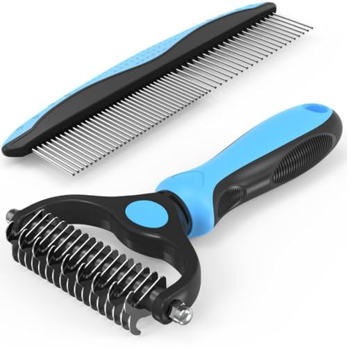 LENGAIJIN Professional Pet Grooming Combo - Blue Deshedding Brush & Metal Comb Kit for Long Haired Dogs & Cats, Undercoat Shedding Rake for Dematting, Detangling Matted Fur & Knots