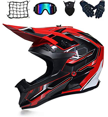 MRDEAR Motorrad Crosshelm Schwarz Rot, Motocross Helm Set mit Brille Handschuhe Maske Motorrad Netz (5 Stück) Fullface Cross Helm Motorradhelm Off Road Downhill ATV Pocket Dirt Bike Helm,XL