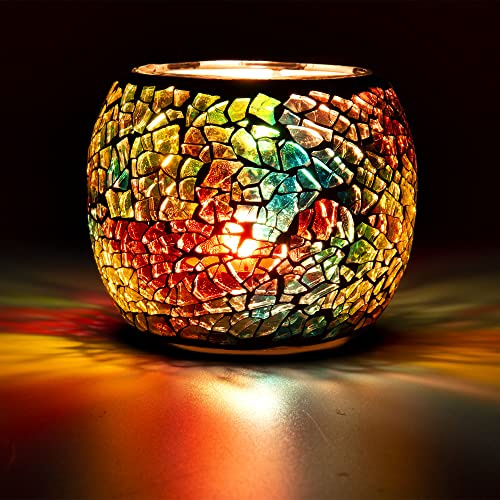 Scented Candle Holder Mosaic Glass Tea Light Holder,Handmade Romantic Glass Tealight Candle Holder for Aromatherapy,Party Décor(NO Candles),Also Used as Vase,Pen Holder,Potted Plants Bowl (Rainbow)