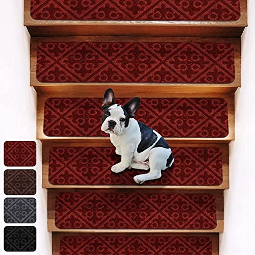FASCINATDECO Set di 15 Tappetini Autoadesivi per Scale Antiscivolo per Gradini in Legno Interni, Tappeti per Scale Lavabili Rimovibili Tappetini per Anziani E Cani 76x21cm (Rosso,Set di 15 Tappeto)