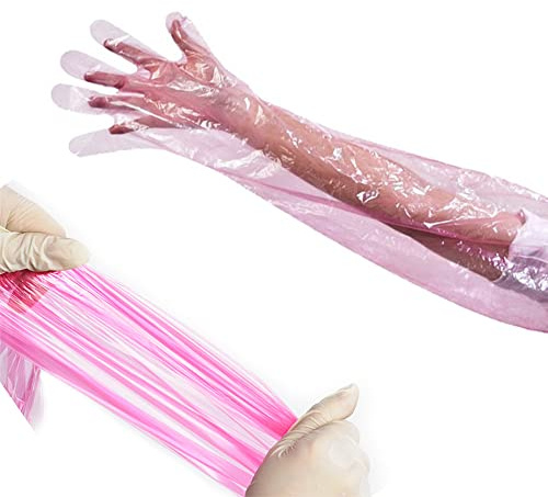Barafat 50 Pieces Disposable Field Dressing Gloves, Veterinary Insemination Rectal Long Gloves, Extra Long Sleeve Full Arm Gloves, Cow Deer Palpation Gutting Gloves (Red)