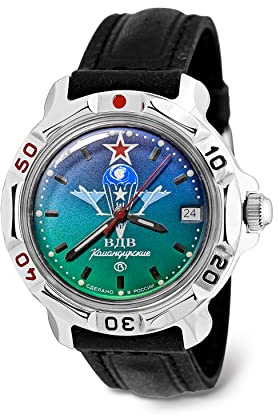 VOSTOK VDV Komandirskie Military Commander Airborne Forces Mechanische 40 mm Armbanduhr | Modell 811021 | WR 20 m | verschwommenes Zifferblatt | mechanische Uhr | leuchtende Punkte | Lederband B®