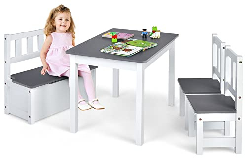 GOPLUS Juego de Mesa y Sillas para Niños de 4 Piezas, 2 en 1 Juego de Mesa de Actividades de Madera para Niños Pequeños con 2 Sillas y 1 Banco de Almacenaje para Jugar, Dibujar, Leer y Comer (Gris)