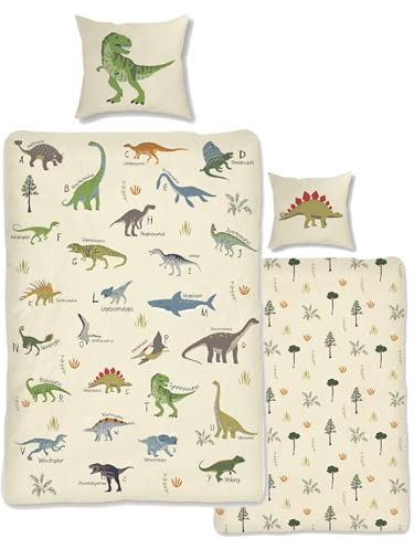 SkyBrands Dino Bettwäsche 135x200 Jungen Bettwäsche Dinosaurier Baumwolle 2tlg Kinder Bettwäsche Dinosaurier 135x200 + Beutel