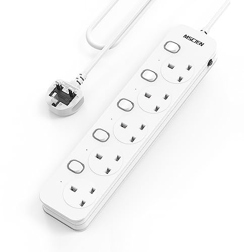 Mscien Extension Lead 3M 5 Way, Multiple Protections, Individual Switches | Overload Protection, Wall Mounted, Fused, 13A, 3250W, Safety Door, Flame Retardant, Wide Socket Space, LED Indicators